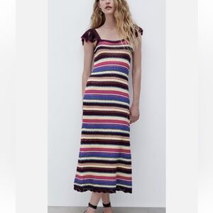 Zara Special Edition crochet knit striped maxi dress ruffled straps size small